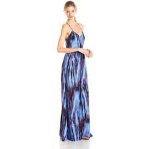 Parker Miles Blue & Red Watercolor Ikat 100% Silk Maxi Dress
